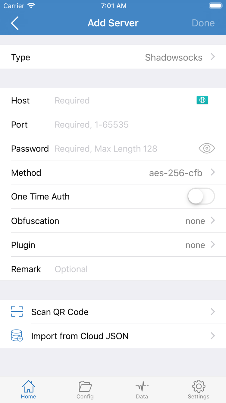 Shadowrocket Add Server 공식 스크린샷: Type, Host, Port, Password, Method 및 QR 코드 스캔 메뉴 표시